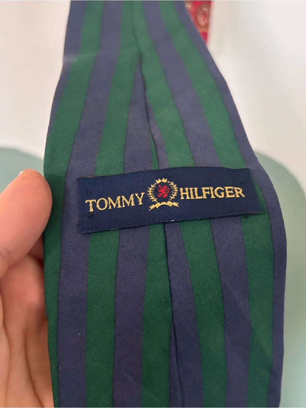 Vintage Tommy Hilfiger green and navy Fishing Pole Silk tie